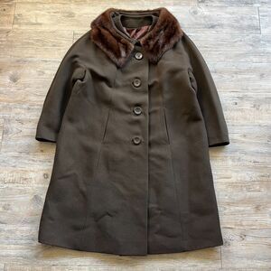 Vintage Trench Coat Women's Large Mink Fur Neck Brown Green 1950s Winter Button